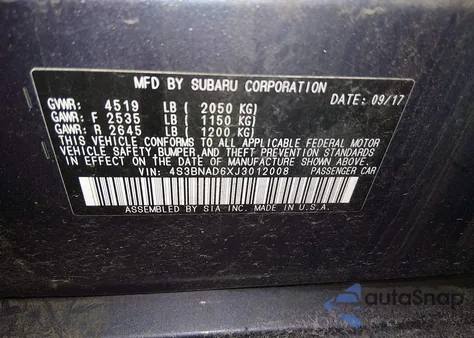 2018 Subaru Legacy 2.5I Premium from USA, damaged, VIN 4S3BNAD6XJ3012008